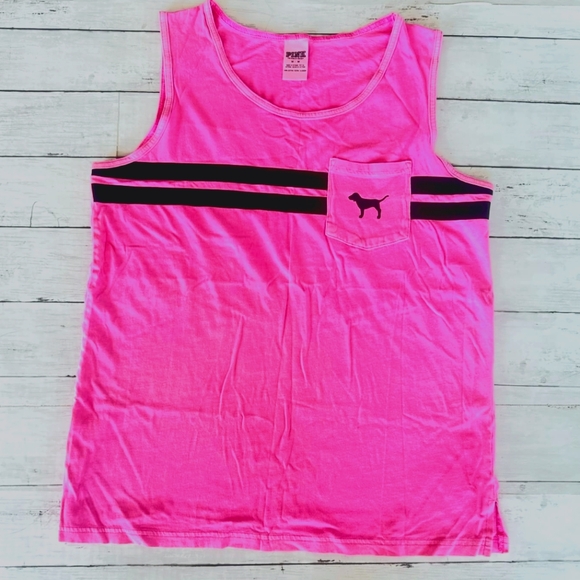 PINK Victoria's Secret Tops - Victoria's Secret PINK Hot Pink & Black Stripe Pocket Tank Top Dog Logo Size M